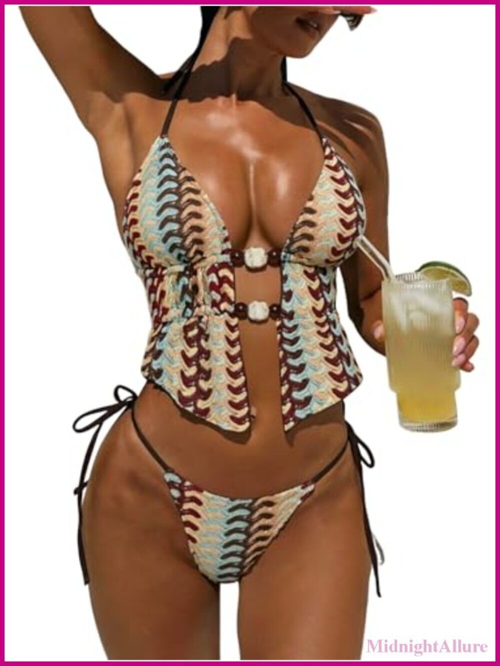 Halter High Cut Two Piece Bikini Set with Removable Padding & Bead Trim